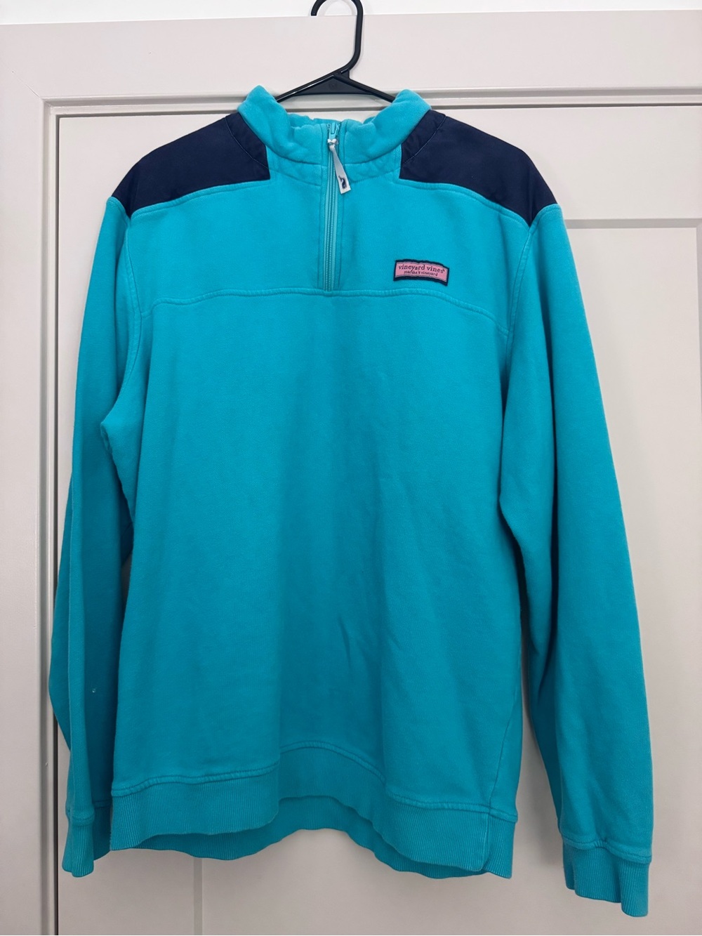 Vineyard Vines Teal Shep Shirt Half-Zip Pullover with Navy Shoulder Panels